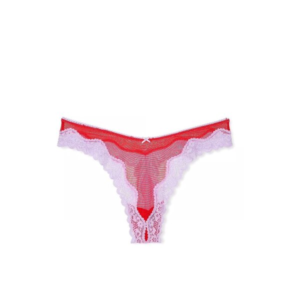 VICTORIA'S SECRET Tease Mesh Red Lavender Lace Trim High Leg Thong  Size M NEW N - Picture 2 of 3